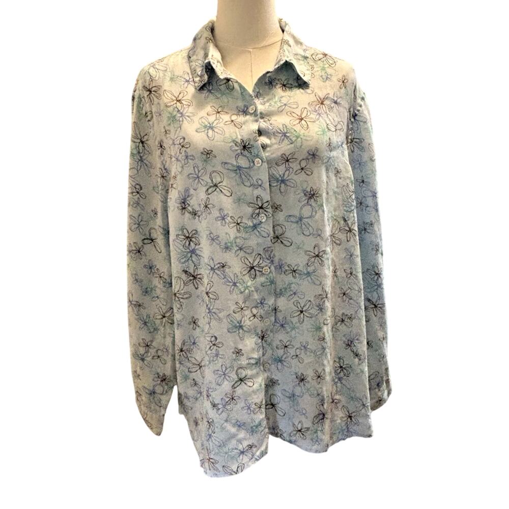 J. Jill 100% Linen Blouse Blue Floral Button Up Coquette Boho Womens Sz L Casual